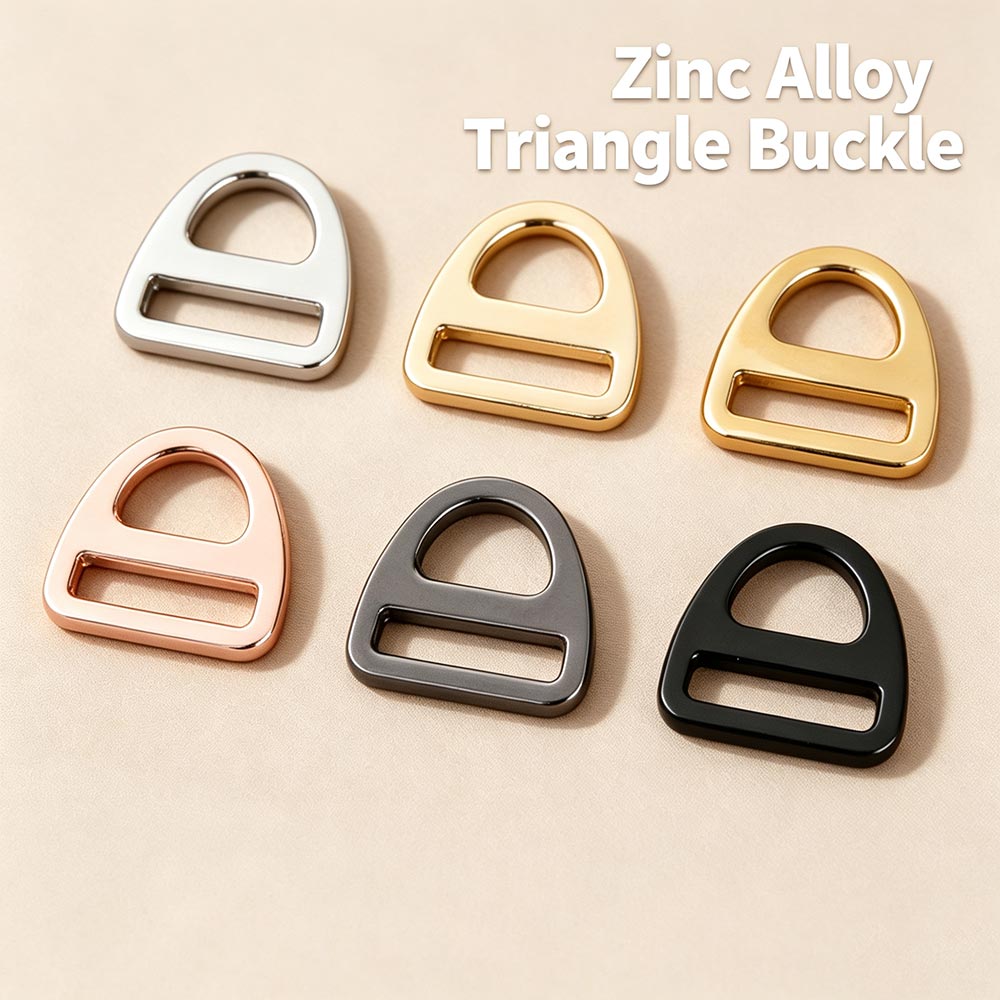 Zinc alloy triangle buckle shown in six plating finish options