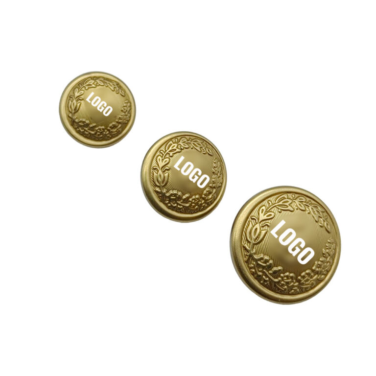 Custom brass blazer buttons with antique gold finish and logo