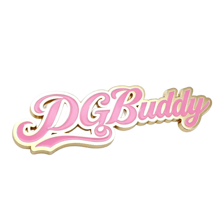 Custom metal logo plate for bags with pink enamel fill and gold plating, die-cast zinc alloy raised letters