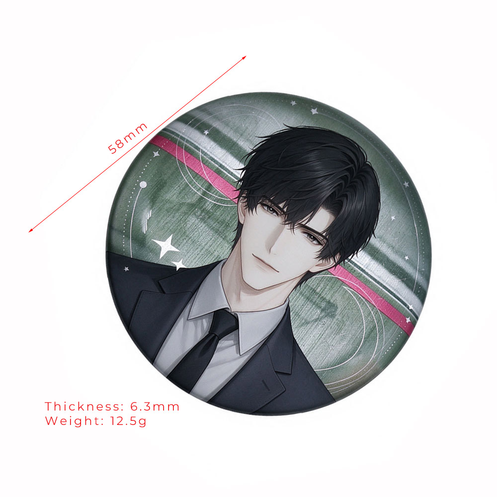 Technical drawing of a 58mm button badge showing 6.3mm thickness and 12.5g weight