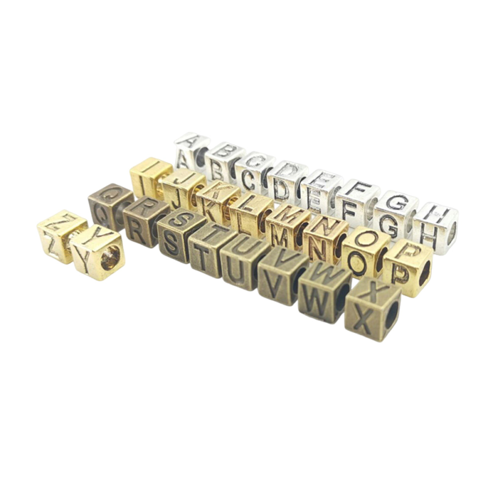 7mm zinc alloy cube letter beads in antique gold, silver and brass finishes