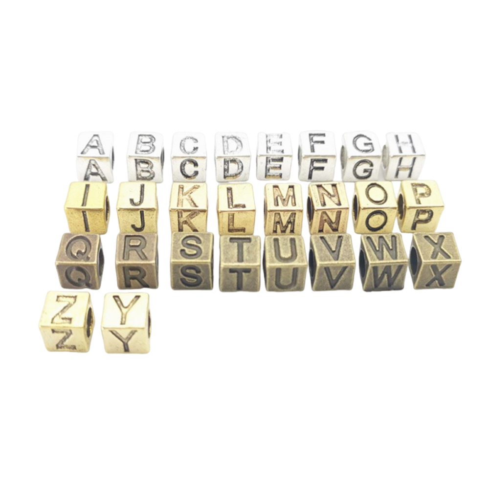 A-Z letter beads arranged in antique gold, antique silver and antique brass finishes