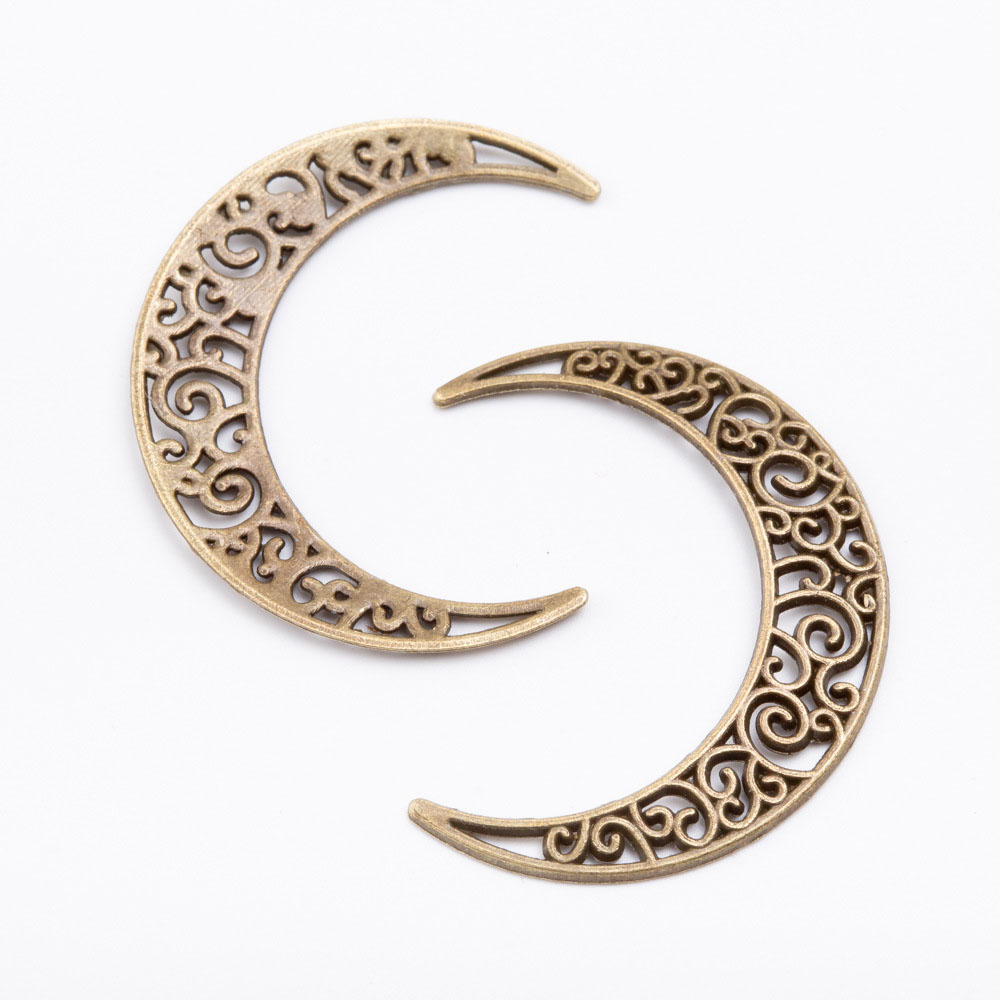 Antique bronze filigree crescent moon charms with dark oxide plating for witchy and boho earrings