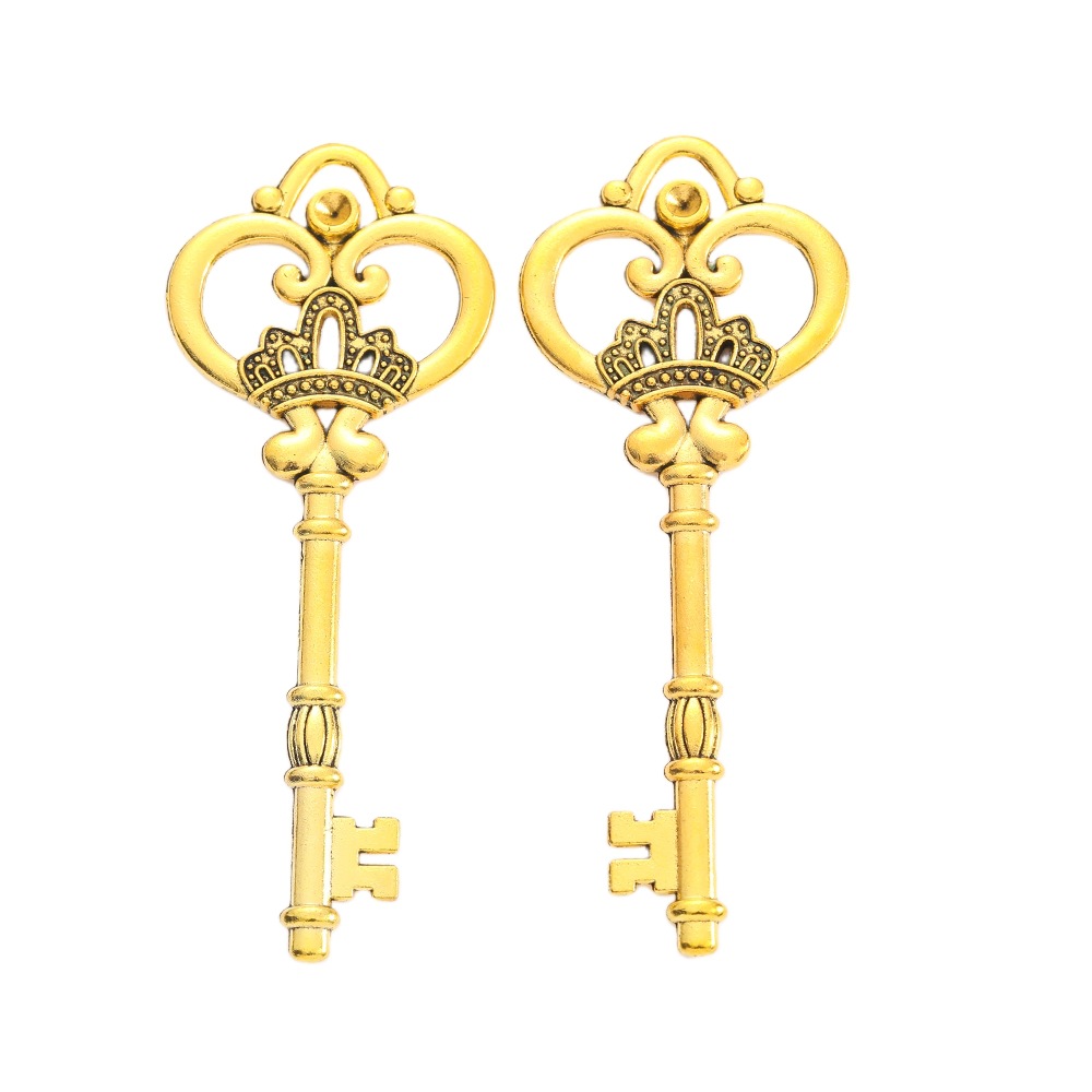 Two bright gold zinc alloy keys with ornate crown bow, 82×31×3 mm