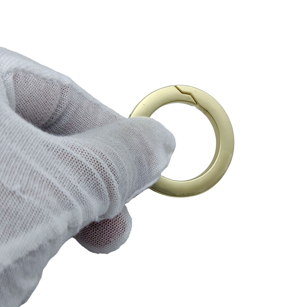Closed spring gate ring with aligned clasp opening for light gold handbag hardware