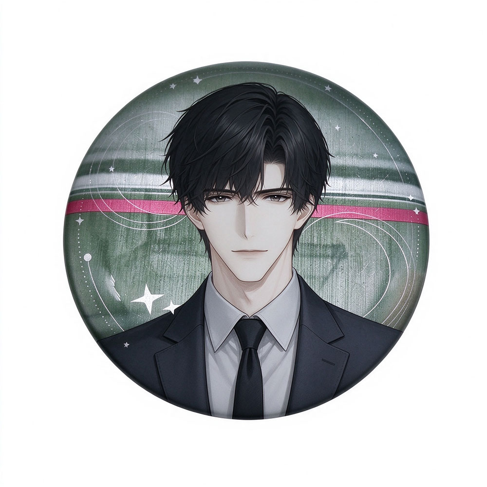 Custom can badge featuring an anime character in a suit with glossy PET film