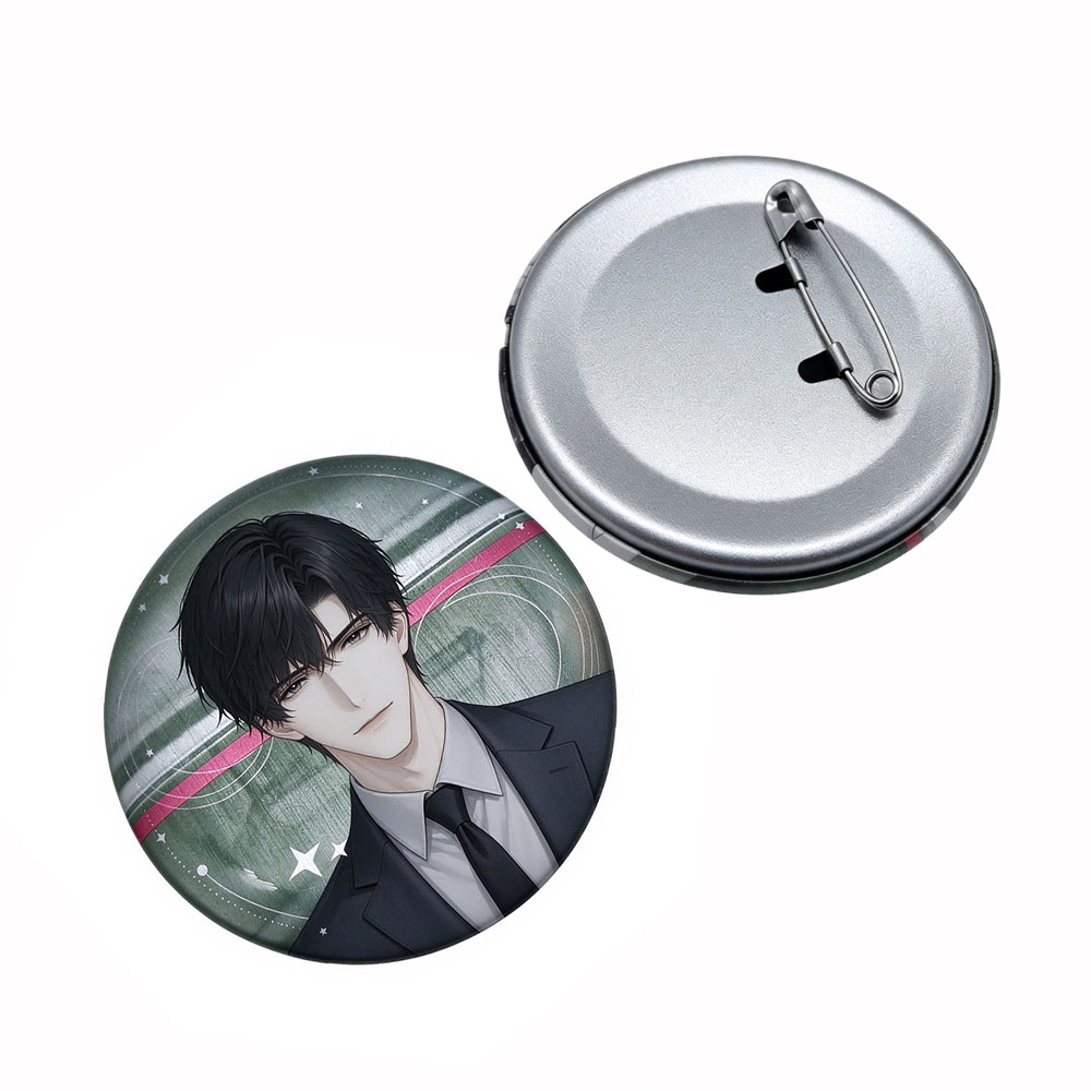 Front and back view of custom pinbacks and personalized pinback buttons for anime merchandise