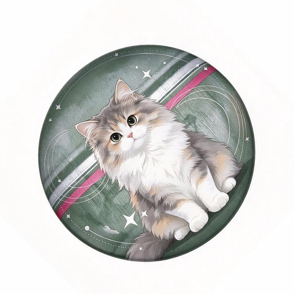 Cute button badges designed as cat lapel pins, showing the lightweight 58mm tinplate structure.