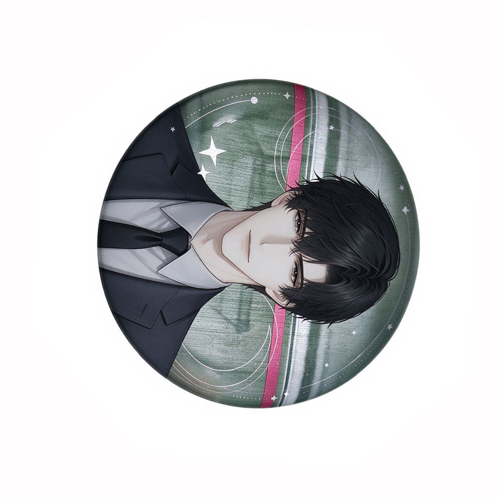 Cute pinback buttons displaying detailed anime character art from a slight angle
