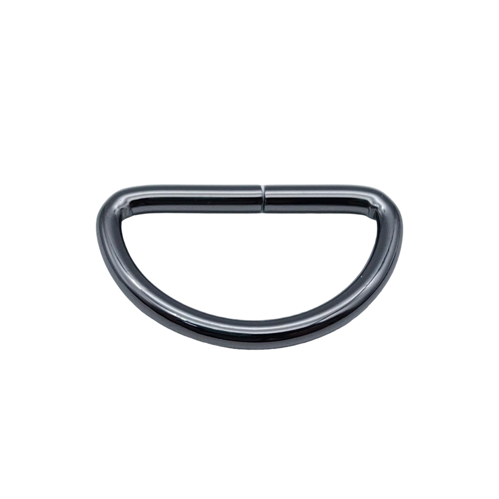Gunmetal d ring for purse strap, flipped to show the seam on the straight edge