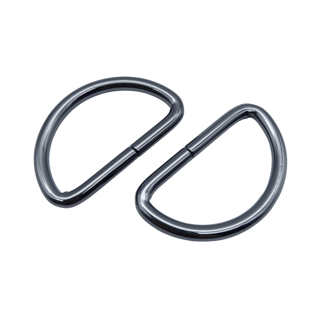 Two gunmetal d rings for bags placed side by side, ready to sew into webbing straps