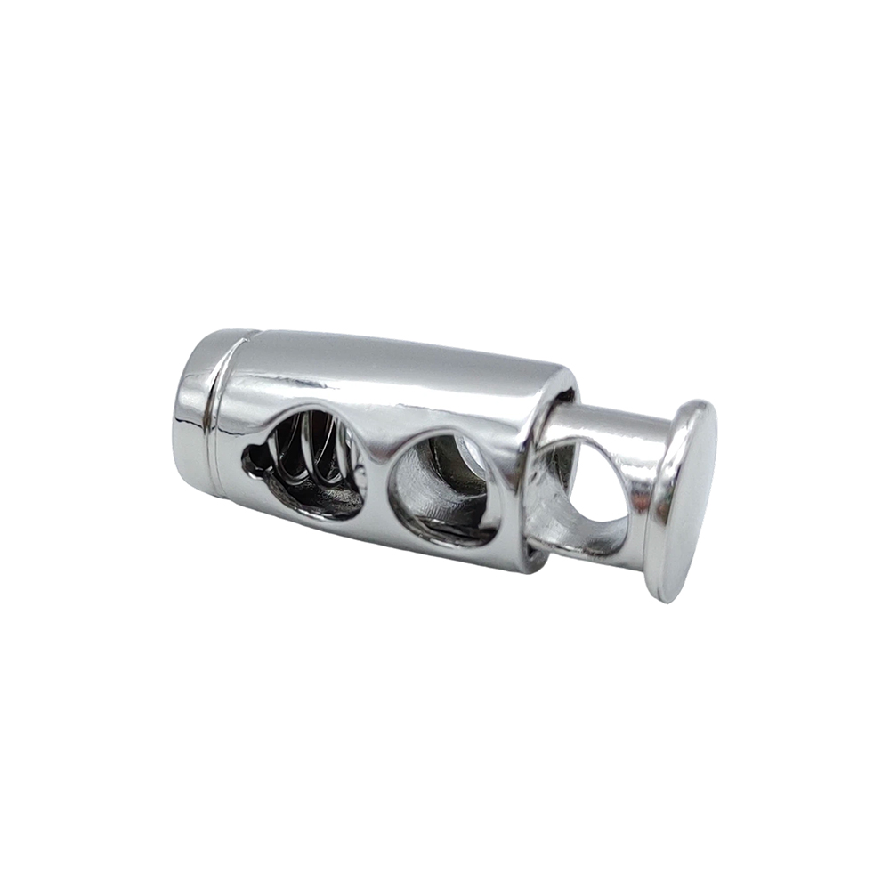 Side view of nickel plated double hole cord lock showing zinc alloy body and spring-lock drawstring structure