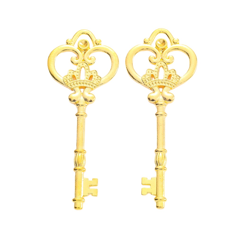 Bright gold crown skeleton keys shown from slight side angle, 82 mm overall length