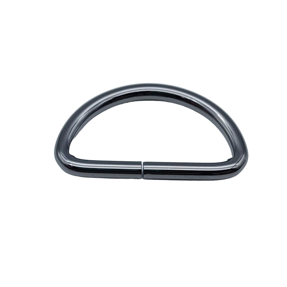 D shaped metal ring in gunmetal finish, front view showing flat bottom edge and center seam