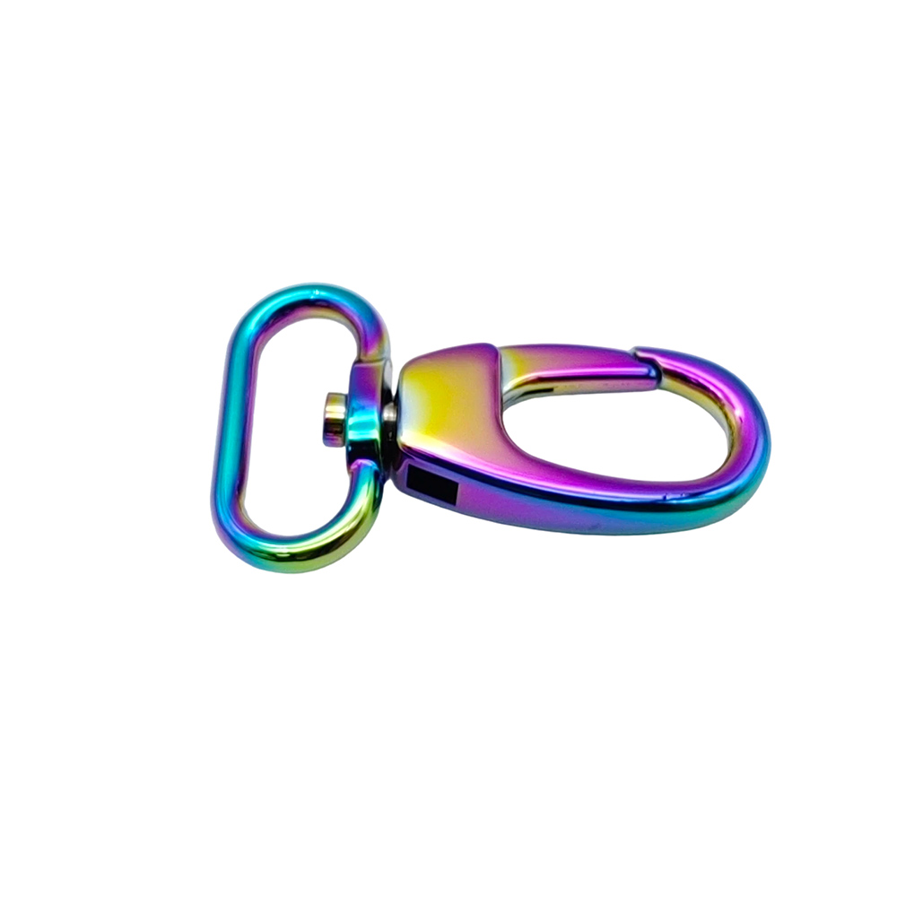 Horizontal side profile of a rainbow Zinc Alloy swivel snap hook
