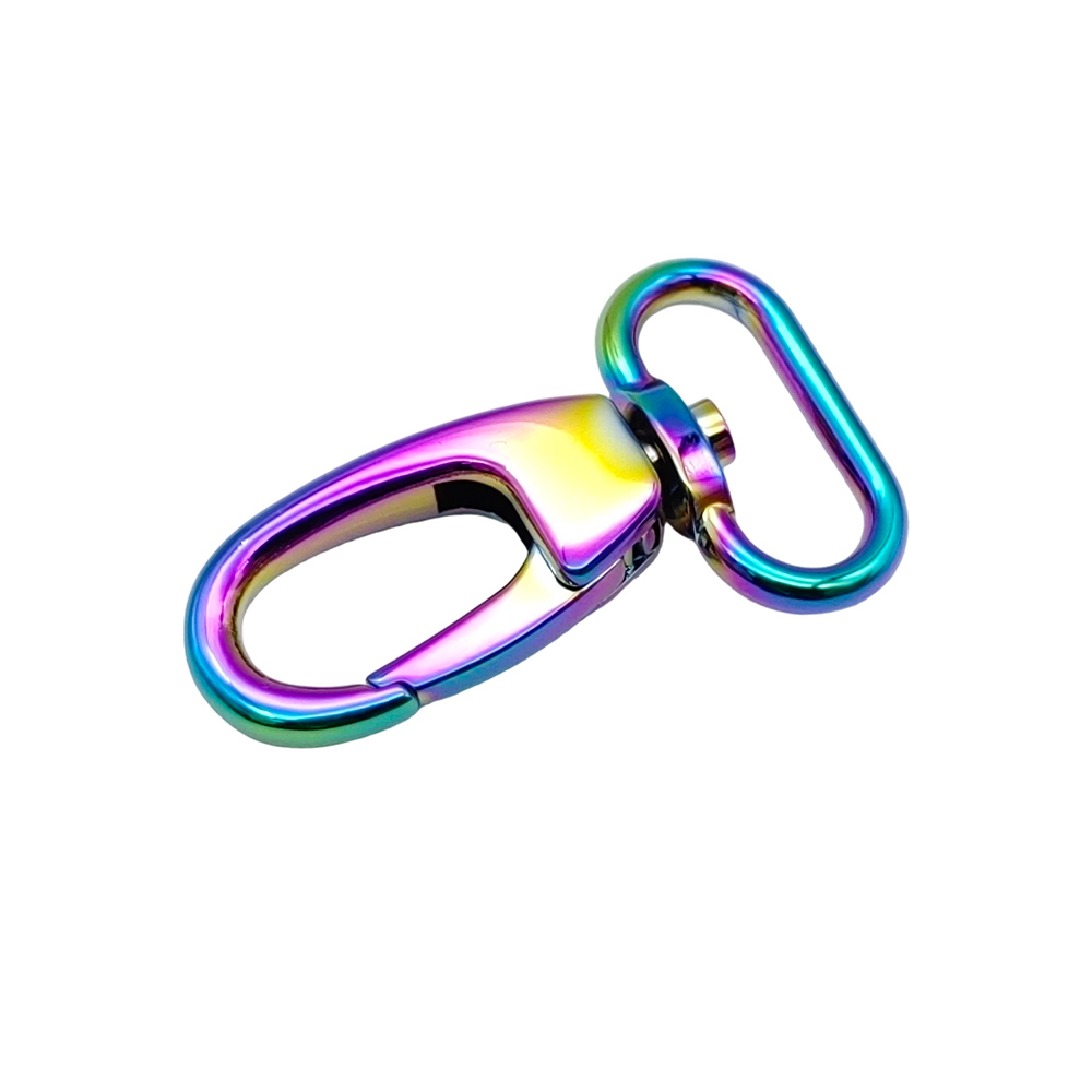 Horizontal view of a swivel snap hook with center eye and spring gate