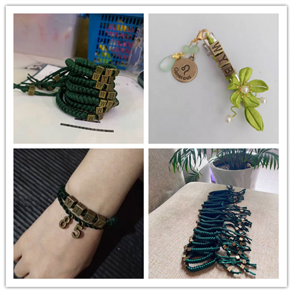 DIY jewelry and keychain projects made with metal letter beads