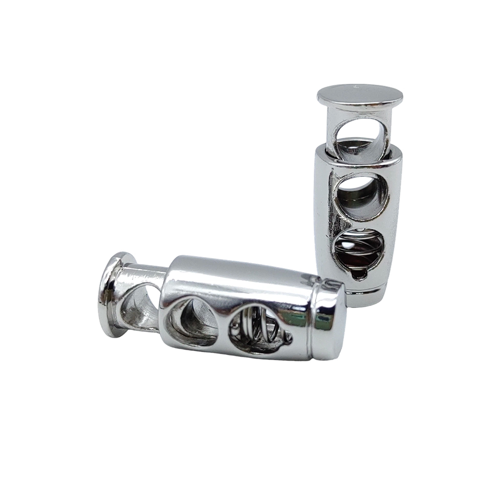 Metal drawstring cord stopper shown in horizontal and upright positions with double-hole spring mechanism