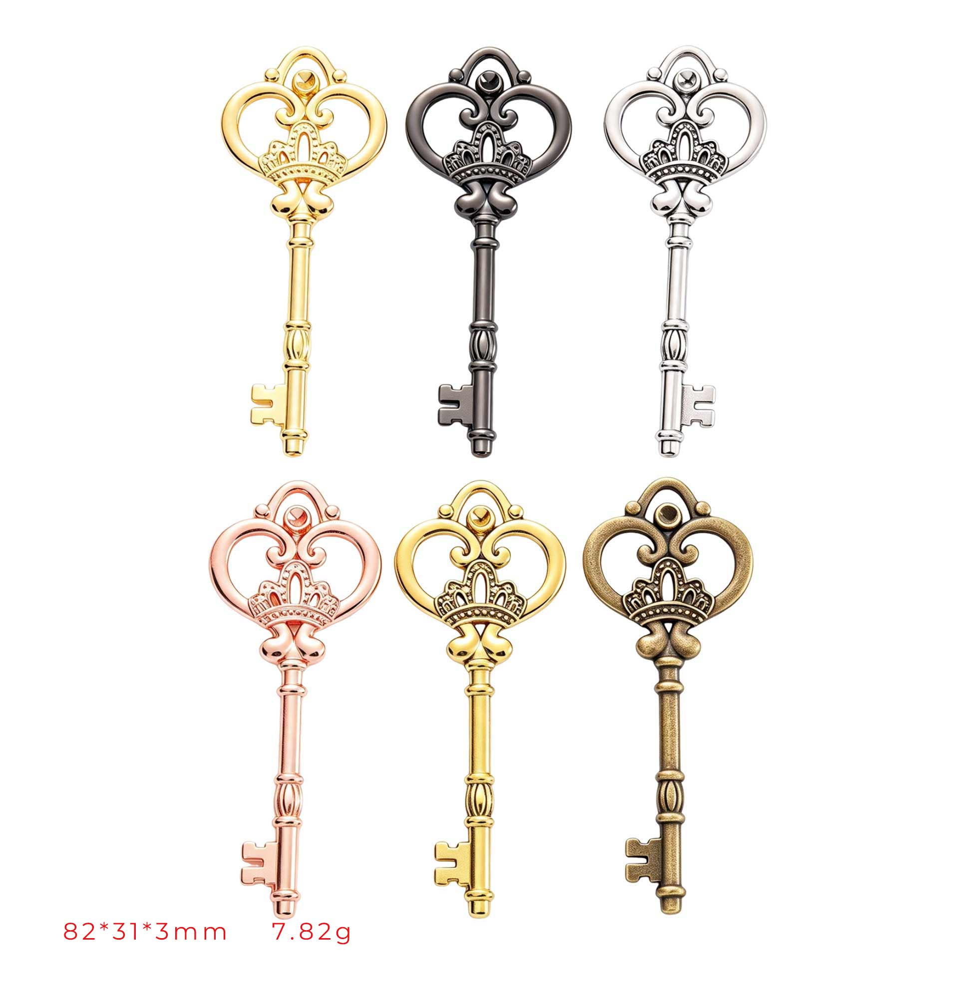 Six metal key charms in gold, antique silver, silver, rose gold, antique gold and antique bronze with crown filigree