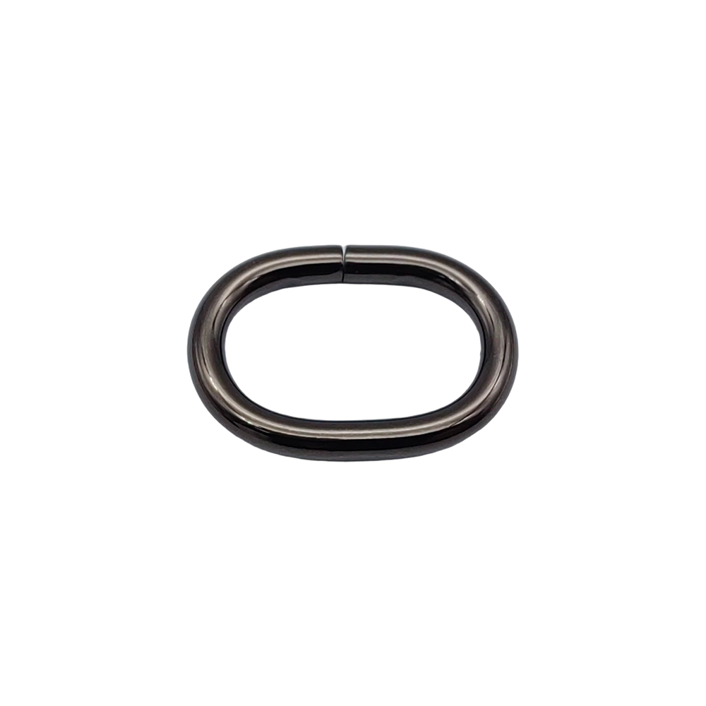 Front view of a single gunmetal oval iron ring with weld seam along the top edge