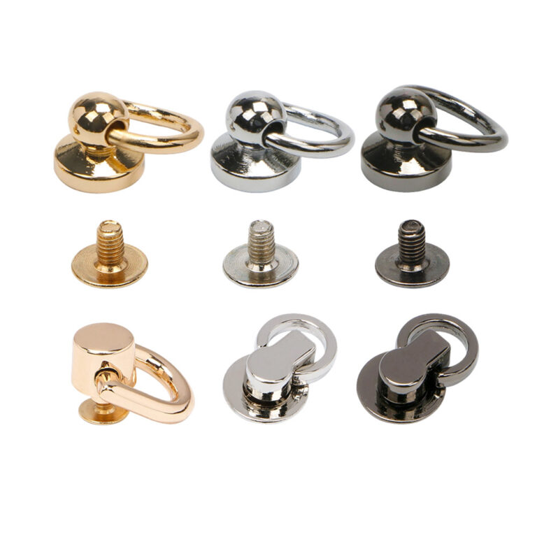 Gold and silver brass screw back O-ring stud rivet with matching screws for bag hardware
