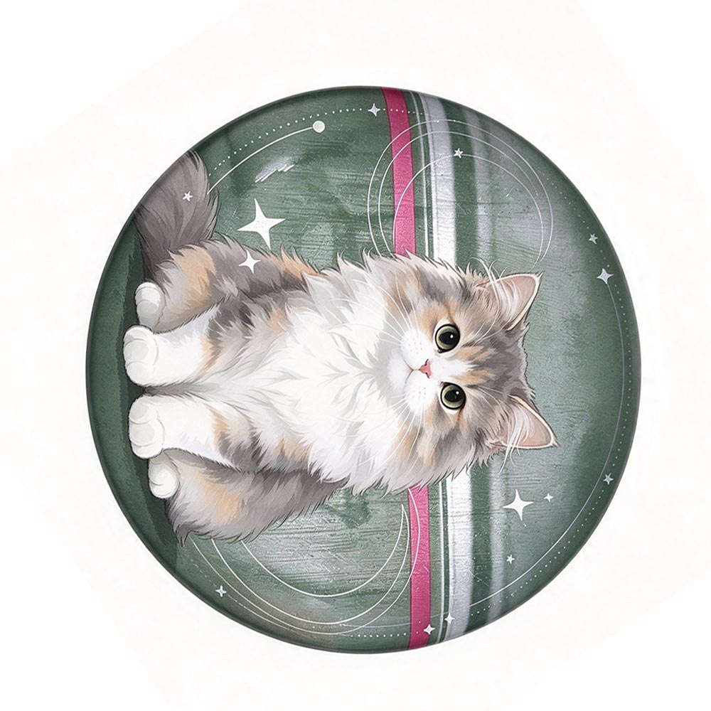 Photo pin badge featuring a sleeping cat, produced as custom printed button pins for pet lovers.