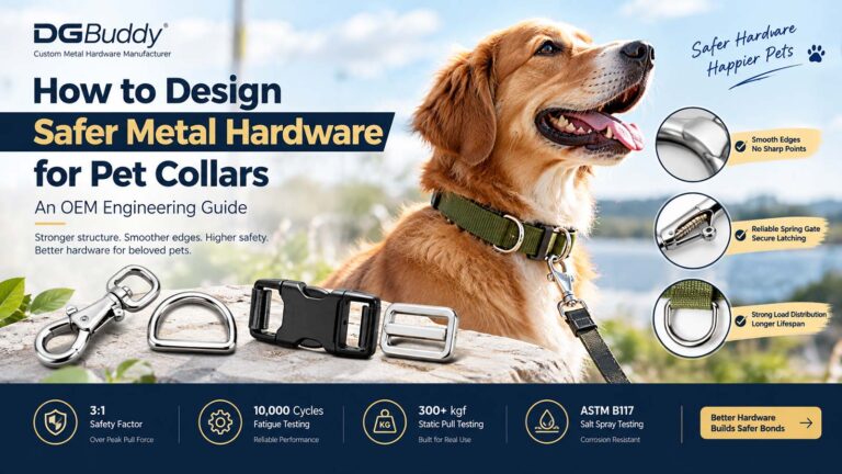 Golden retriever wearing a collar with metal hardware, illustrating safe pet collar hardware design and OEM engineering.