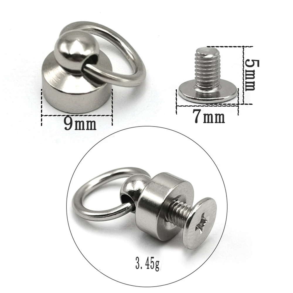 Silver metal ring rivet showing 9mm base, 7mm screw and 3.45g weight