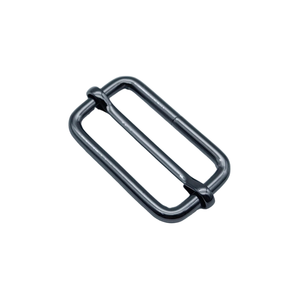 Sliding center bar buckle in gunmetal, diagonal view of the frame sides and center bar