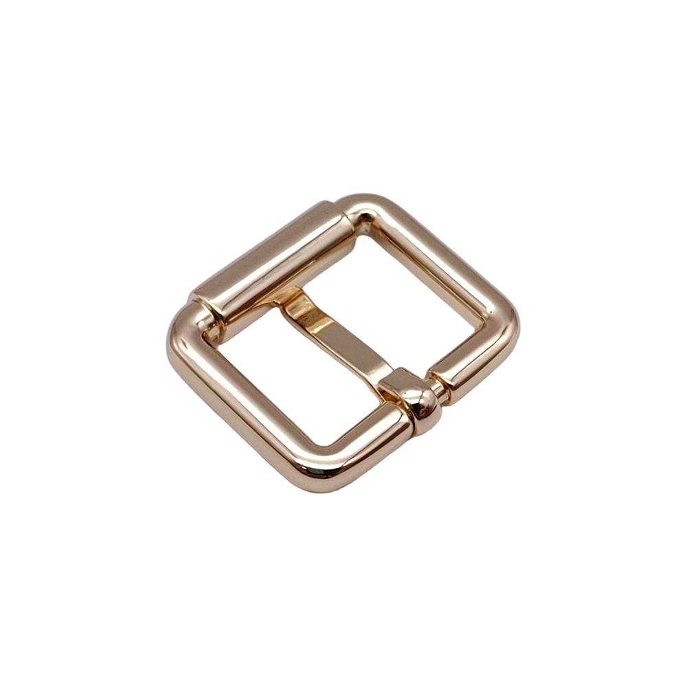 Front view of square metal buckle in polished gold tone