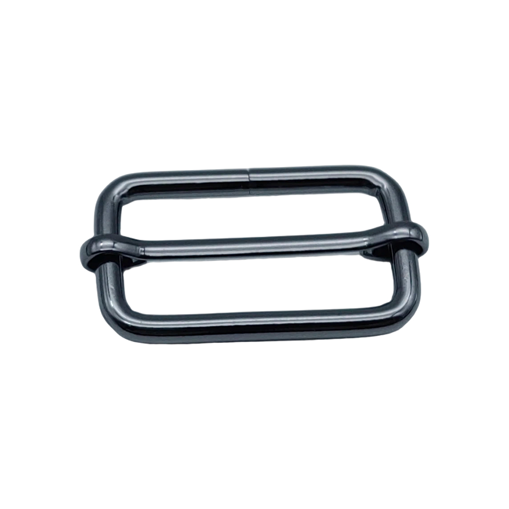 Front view of gunmetal tri glide slide buckle showing rectangular wire frame and center bar