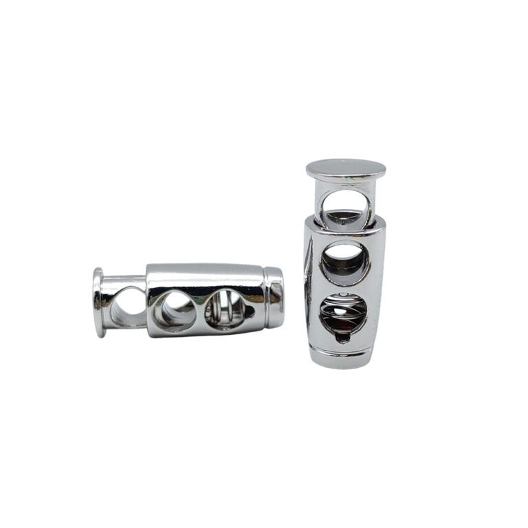2-hole metal spring cord lock in bright nickel plated zinc alloy with press button and dual drawstring holes
