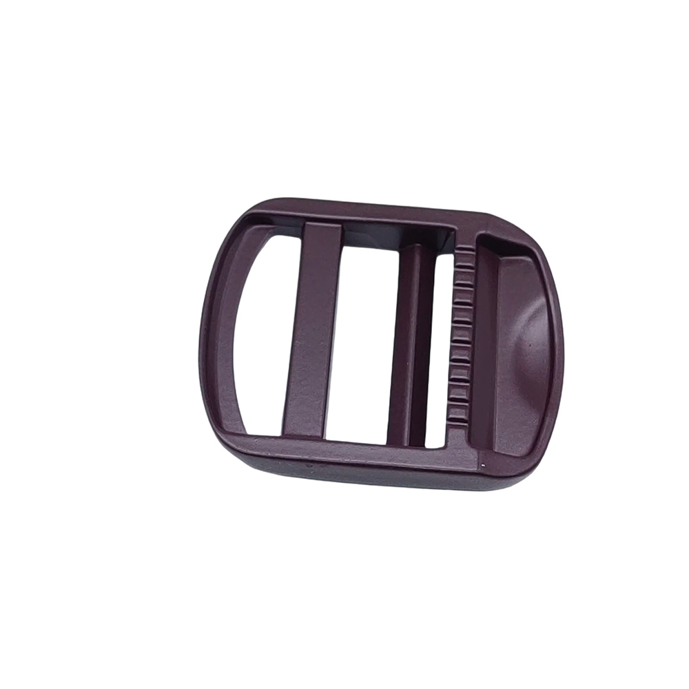 Slightly rotated front view of zinc alloy strap adjuster in burgundy finish with clear slot visibility
